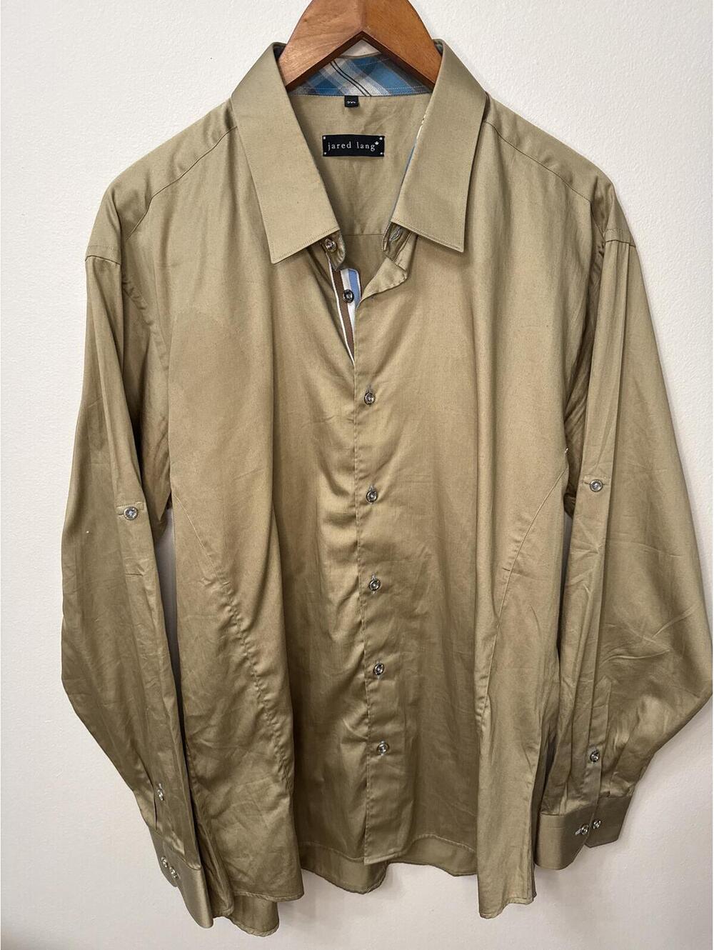 Jared Lang Men’s 2XL Tan Khaki 100% Cotton Dress Shirt Plaid Trim Long Sleeve